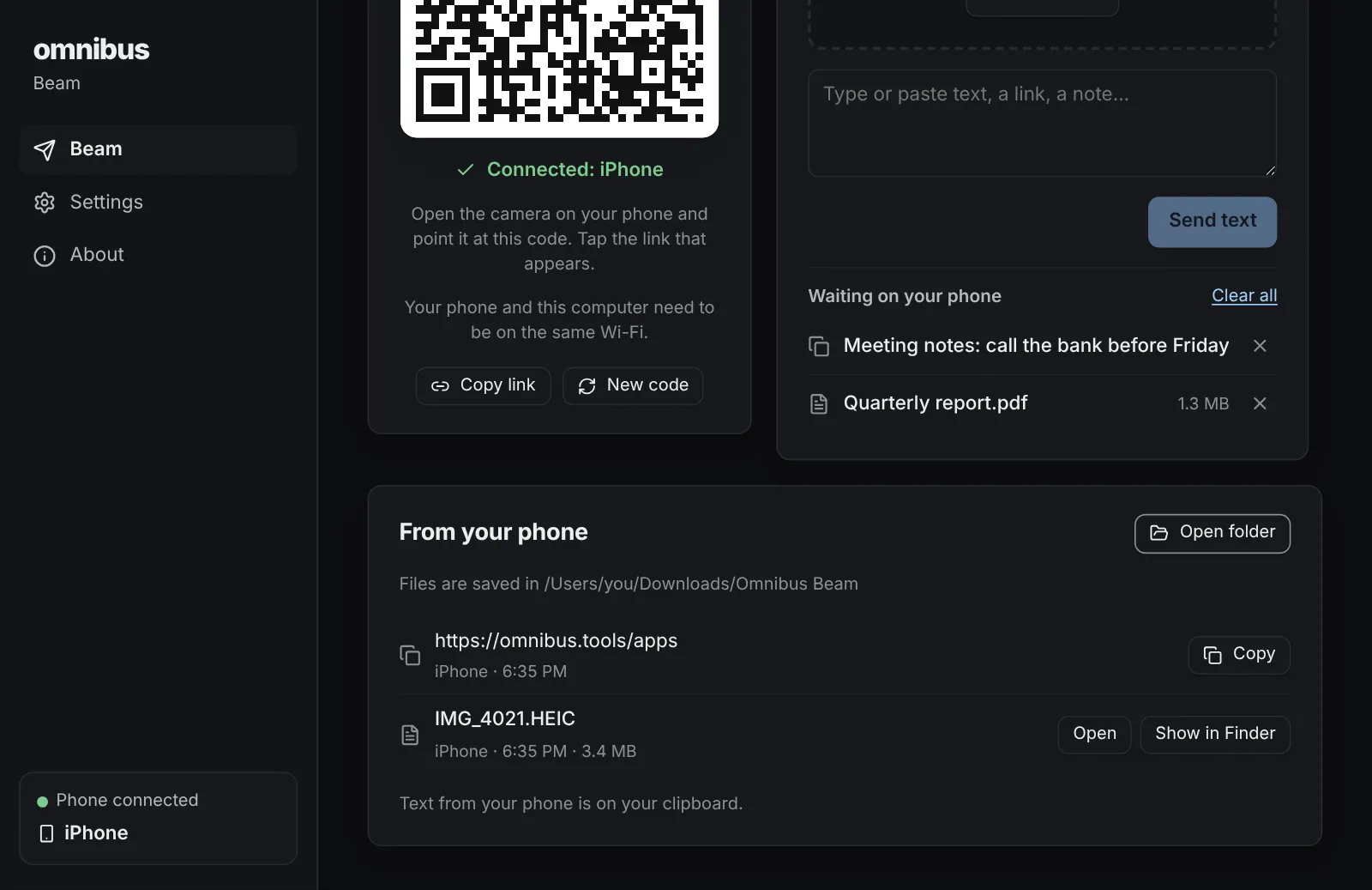 Beam in dark mode with a file and a note waiting for the phone, and a list of what the phone sent
