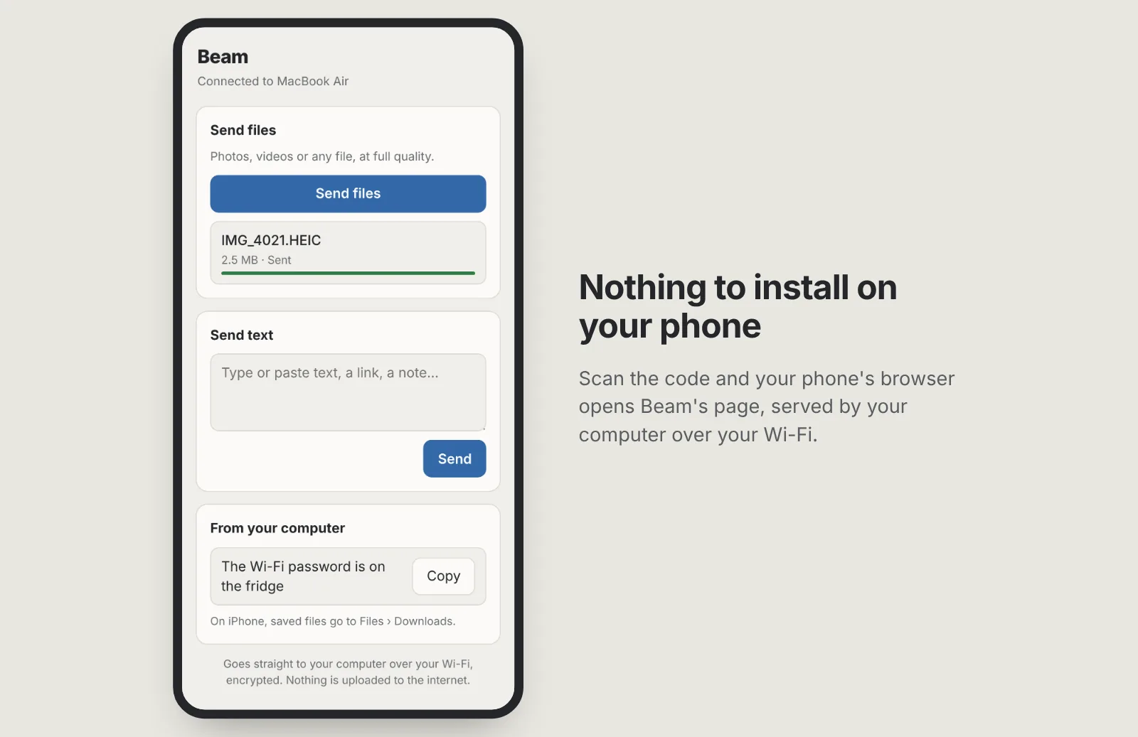 Beam's page on a phone: Send files, Send text, and text sent from the computer with a Copy button