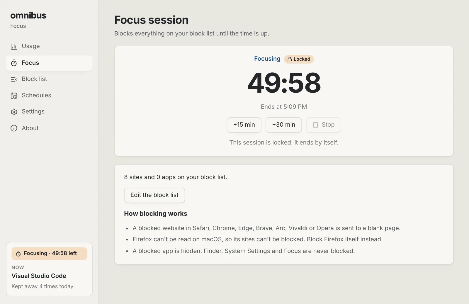 A locked 50-minute focus session counting down, with buttons to add time