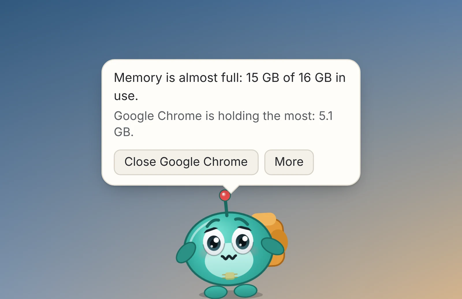 Chip on the desktop with a stuffed backpack, saying memory is almost full and Google Chrome is holding the most, with a button to close it