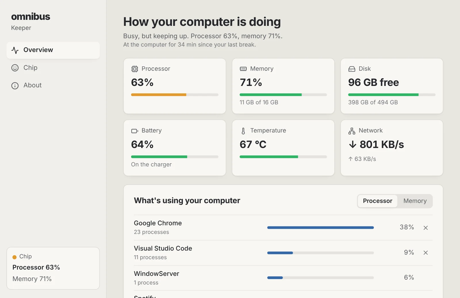 The Keeper window: processor, memory, disk, battery, temperature and network, and the apps using the processor most