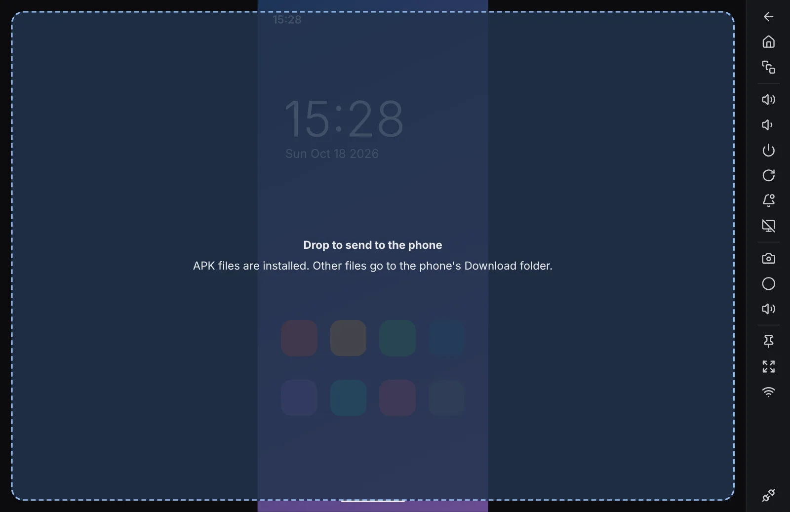 Dragging a file over the mirror in dark mode: APK files are installed, other files go to the Download folder