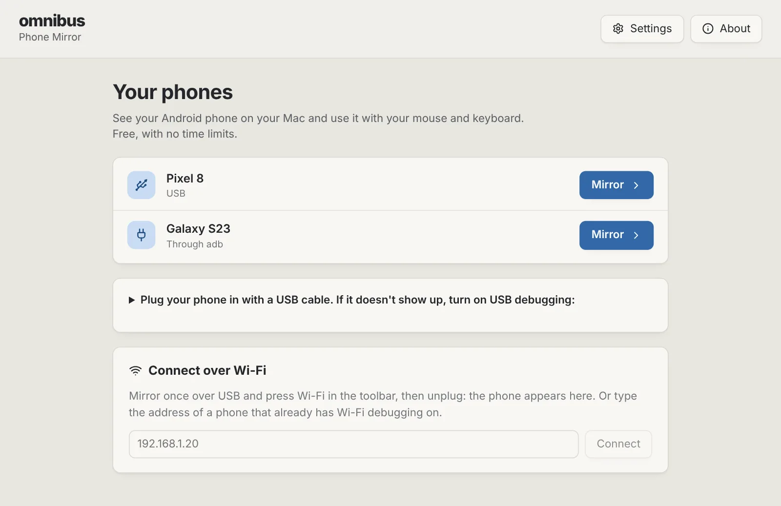The phone list: a phone plugged in by USB, another reached through adb, and a box to connect over Wi-Fi