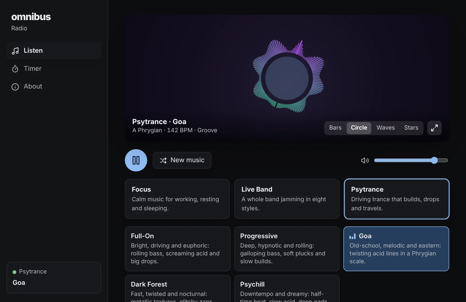 Radio in dark mode playing Goa psytrance with a circular visualizer