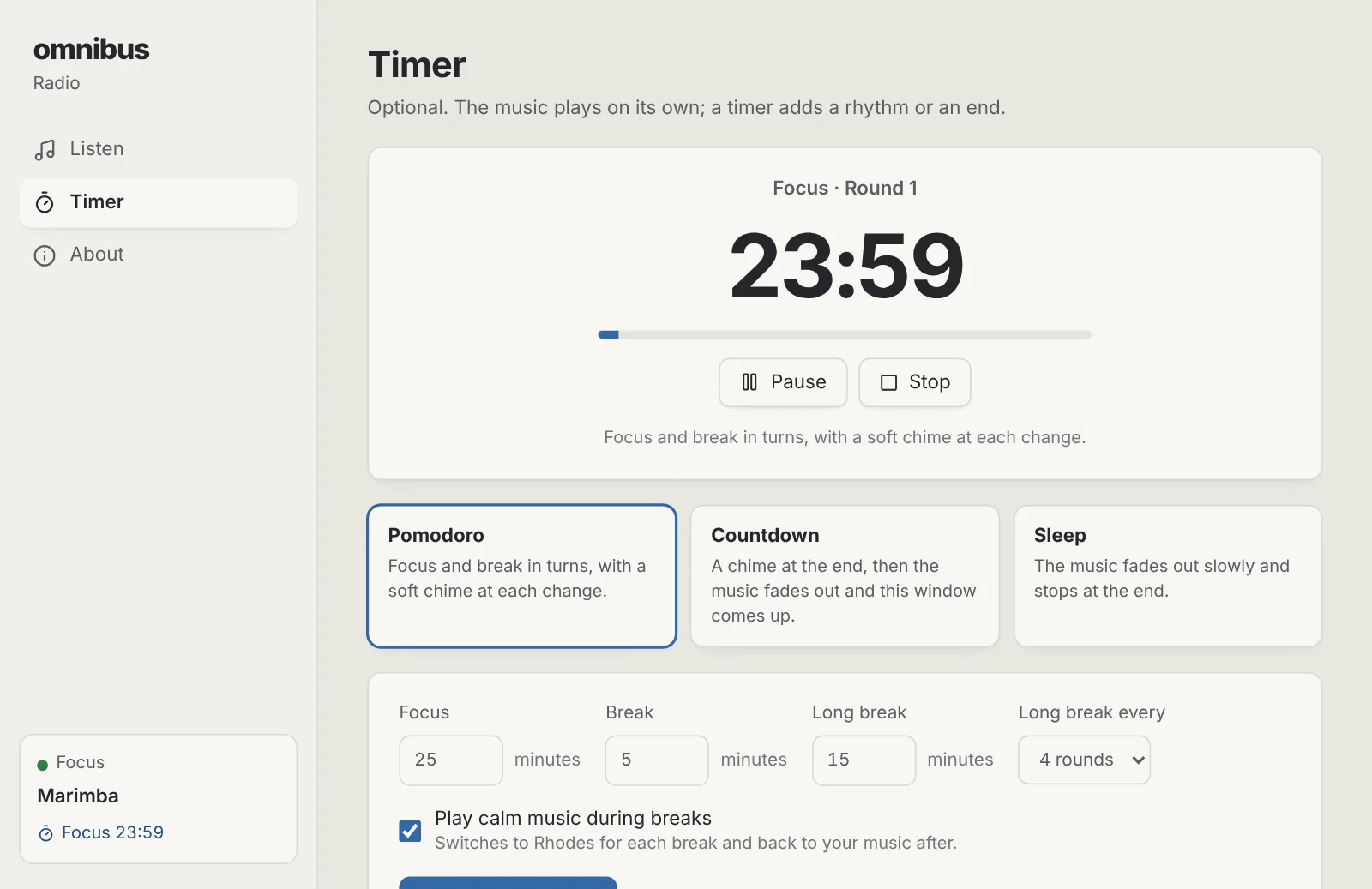 Radio's timer running a 25-minute Pomodoro focus round, with settings for breaks