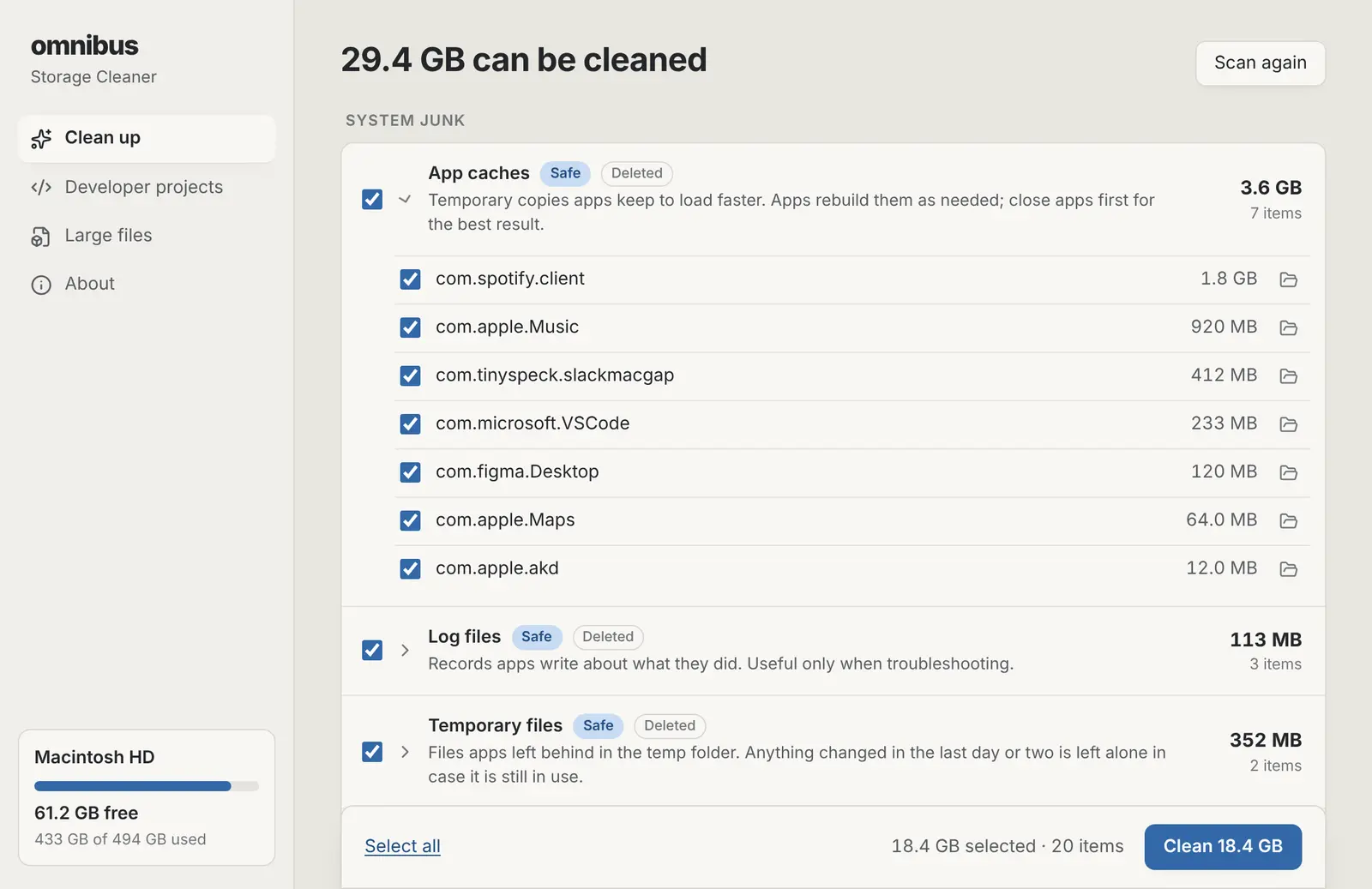 Storage Cleaner after a scan: 29.4 GB of app caches, logs and temporary files, each with its size