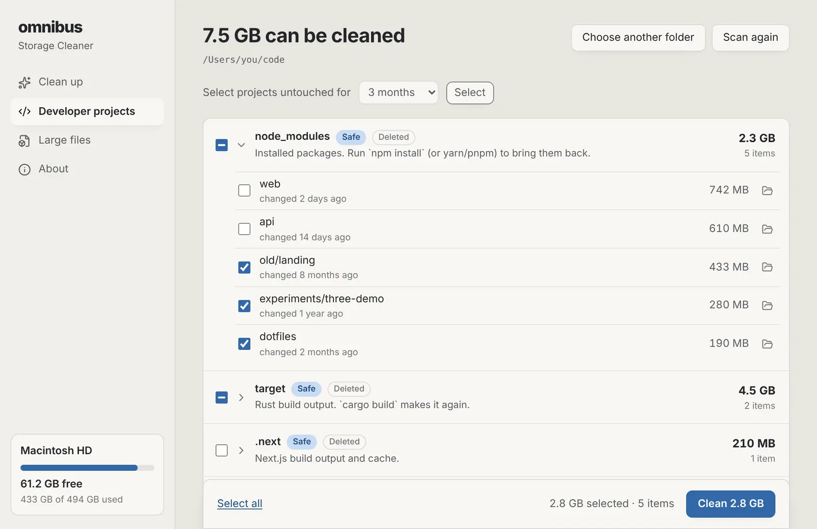 Developer projects: node_modules folders listed by project, with when each project last changed