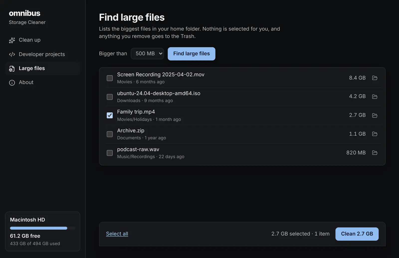 Large files in dark mode: the biggest files in the home folder with their folder and age