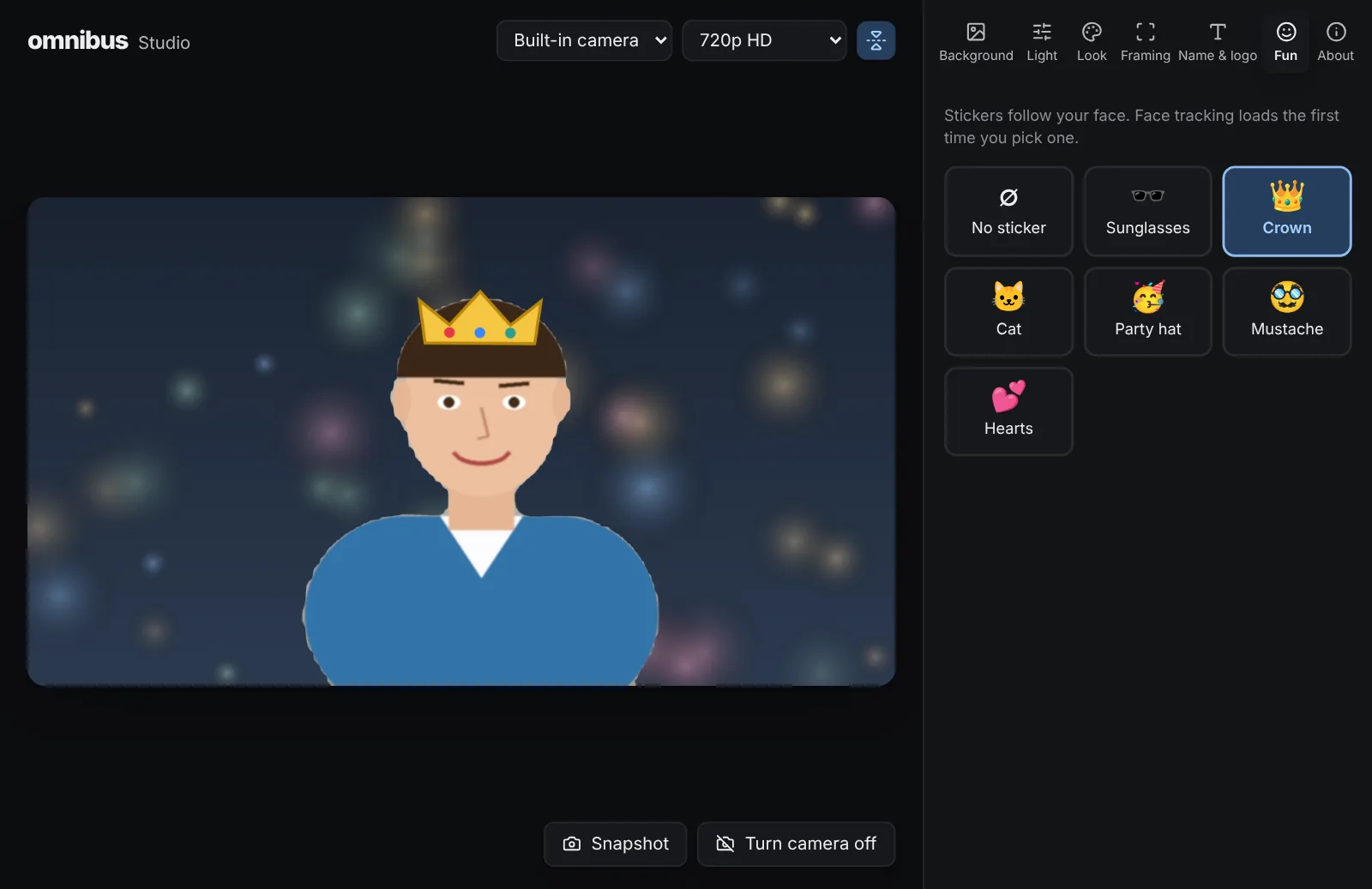 A crown sticker on a person's head over a background of soft lights, in dark mode